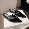 Fashion Sequins Black Slides with Heel Shoes Pointed Toe Women's Mules Slippers and Ladies Sandals Unique Korea Style Easy Wears Shoe 39
