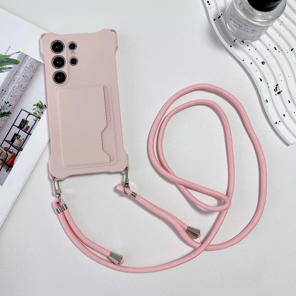 Soft Silicone Phone Case For Samsung S26 Ultra S25 Edge S24 S23 FE S22 Plus Card Holder Lanyard Shockproof Protection Cover
