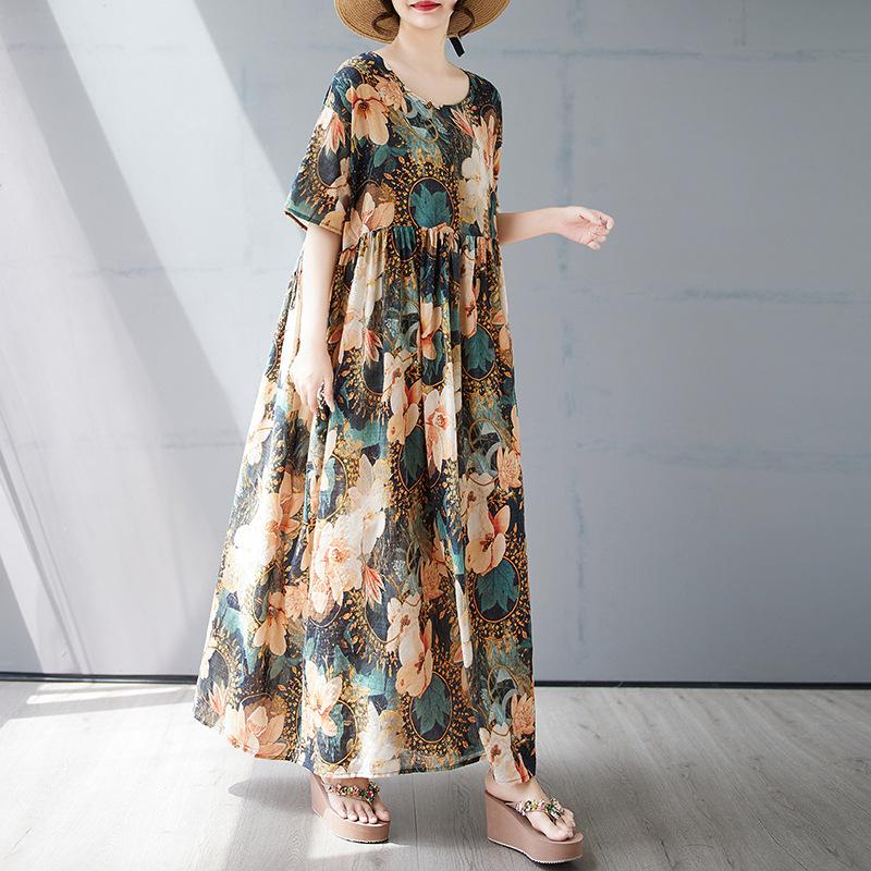 

Летнее новое простое богемное длинное платье, расширенное и увеличенное, с короткими рукавами и круглым вырезом, с принтом, женская одежда one size fits all
