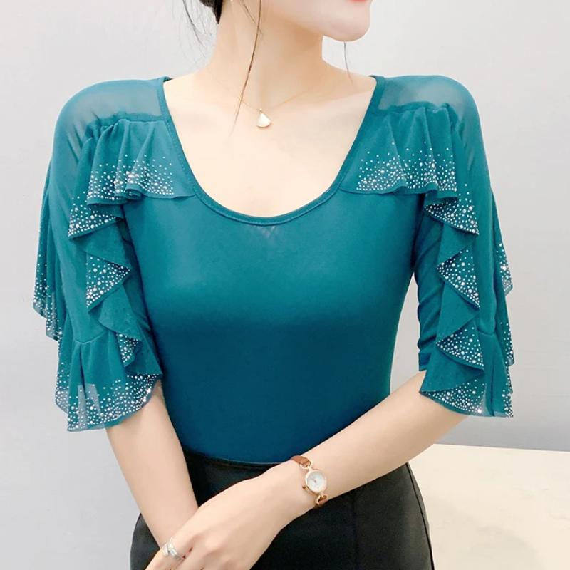 New Summer Streetwear Girl Chic Ruffled Hot Diamonds T-Shirt Clothes Fashion V-Neck Half Sleeved Mesh Tops Women's Tees Blusas