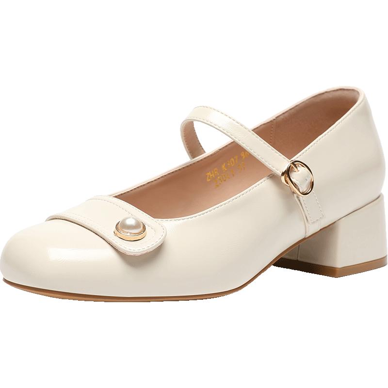 ZHR Elegant Pearl Square Toe Mary Jane Block Heel Shoes 36
