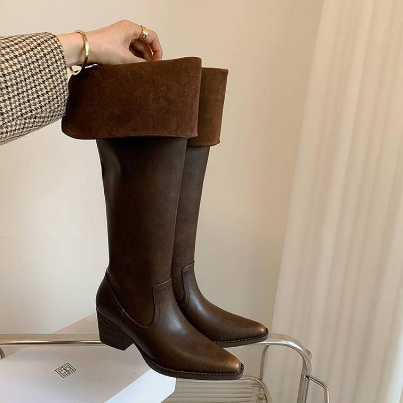 Autumn and winter high-heeled large-size women's boots, genuine leather women's leather boots, cowhide can be folded, wear more square and versati