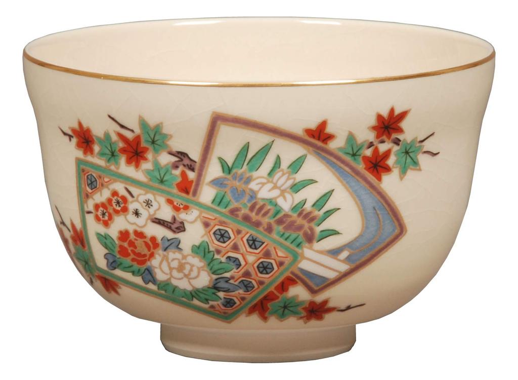 Miyachi Eikou Matcha Bowl, White, Size: Diameter 12.4cm X Height 7.8cm, Ninsei Fan Flower Design, Paper Boxed