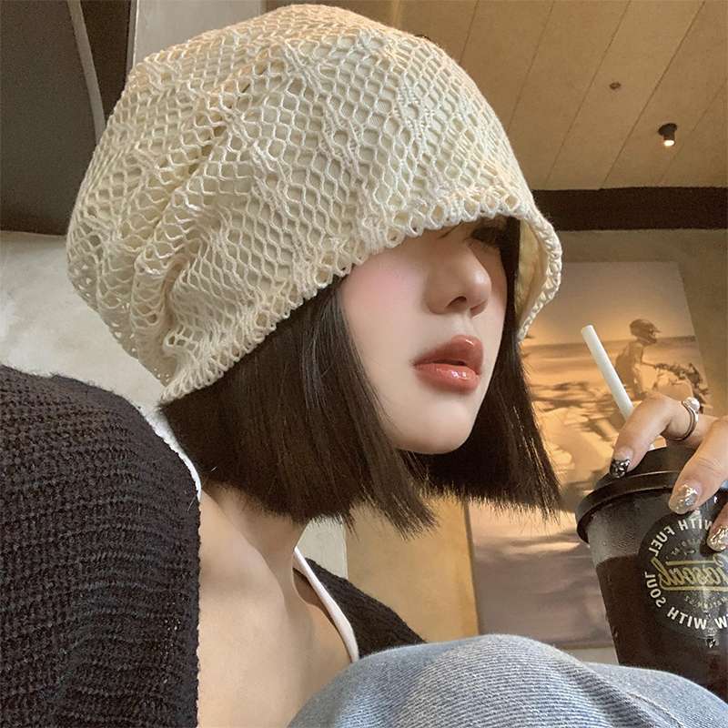 

Women s Japanese Retro Hollow Knitted Beanie Summer Thin Slouchy Hat Breathable Face Slimming Head Wrapping Hat one size бежевий