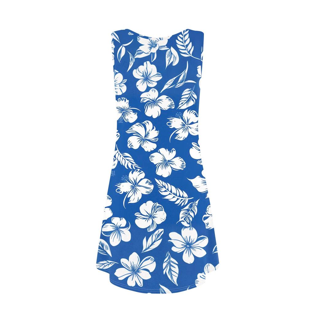 Damen Sommer Casual U-Ausschnitt Blumendruck Kleid Ärmelloses Kleid mit Taschen
