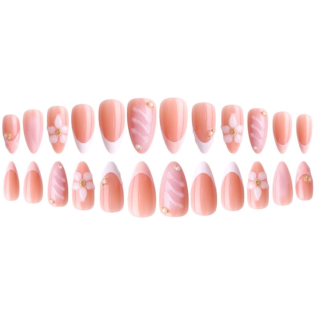 24pcs/Set Elegant Gradient Pink & White Almond-Shaped Nail Stickers With 3D Floral & Pearl Decor, Suitable For Girls/Women For Daily