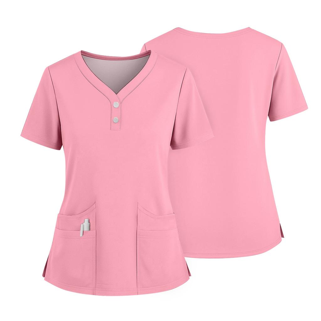 Women's Short Sleeved Solid Color V-neck Buttonable Side Slit Top T-shirt