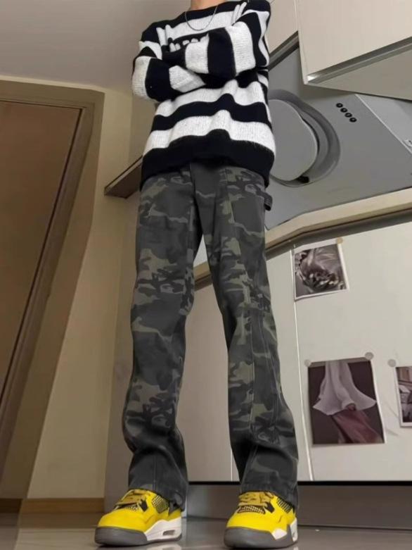 Jeans Camouflage Streetwear Homme Poids Lourd - Pantalon Décontracté Coupe Droite Ample pour Printemps/Automne