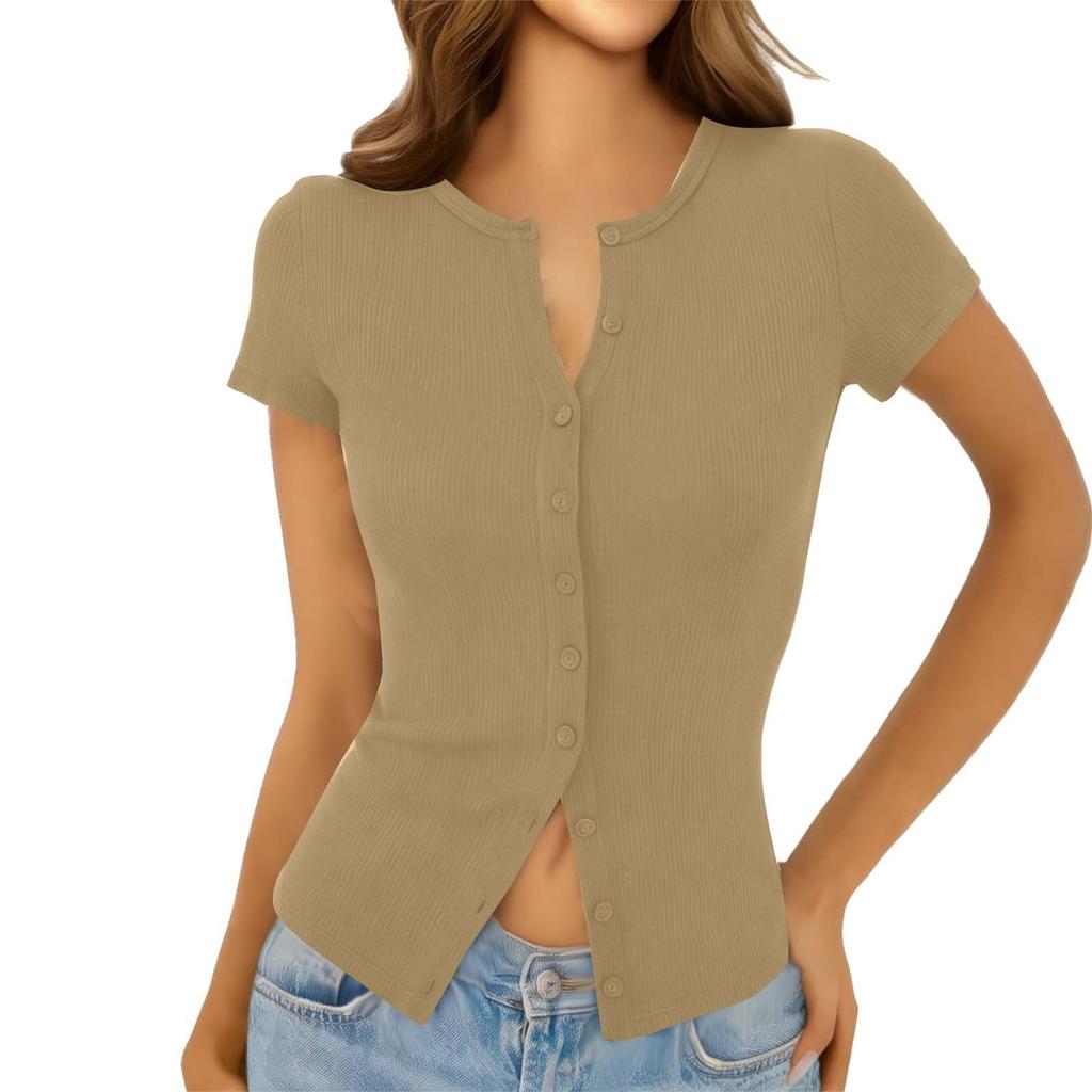 Top da Donna Estivo A Coste Slim Fit con Bottoni Manica Corta Girocollo T-shirt Basica Casual Leggera