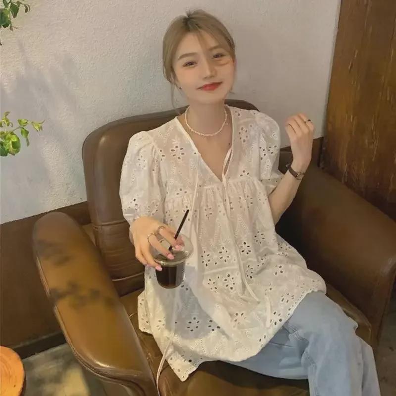 Women's French White Lace Short-Sleeve Puff Shirt - Summer 2025 Collection