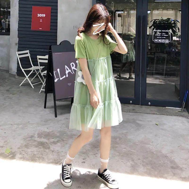Summer 2023 Korean-Style Maternity Patchwork Dress – Loose Fit, Fresh, Sweet, and Fairy-Themed with Short Sleeves.