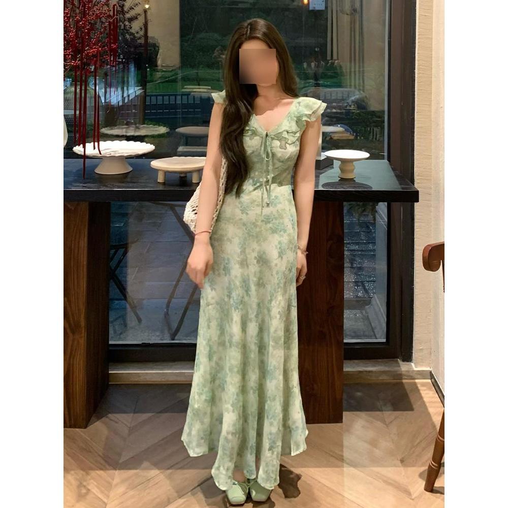 

Девичий темперамент морского отдыха, цветочное платье, женское летнее новое, с маленькими рукавами-крылышками, с нежной талией и тонкое длинное платье XL- (recommended 110-60kg)