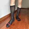 Mens Nylon Sheer Suit Socks Business Dress Socks Contrast Color Striped See Through Formal Dress Over the Calf Stockings