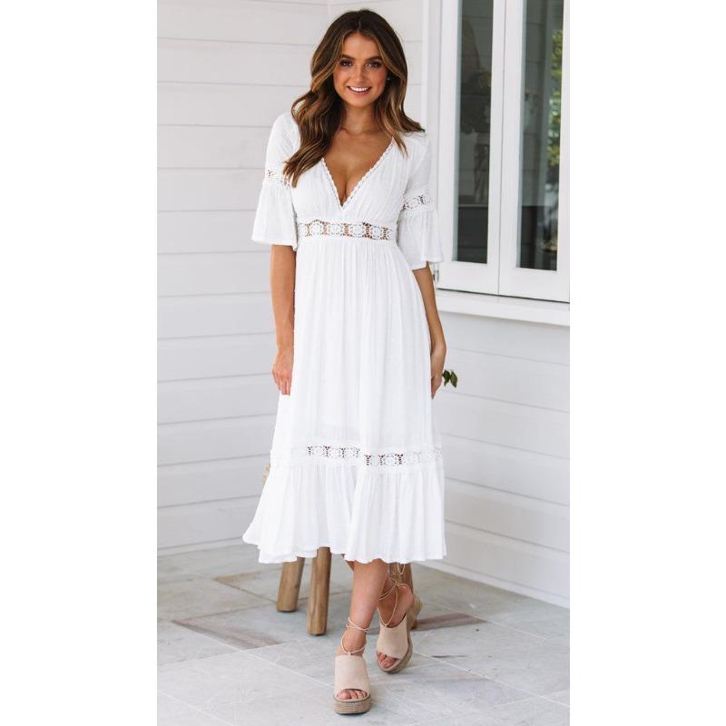 Weißes Damenkleid Sommer V-Spitze Ausgestellte Ärmel Elegant A-Linie Kurze Kleider für Damen Mode Lässig Locker Urlaub Strand Büro Damenkleid
