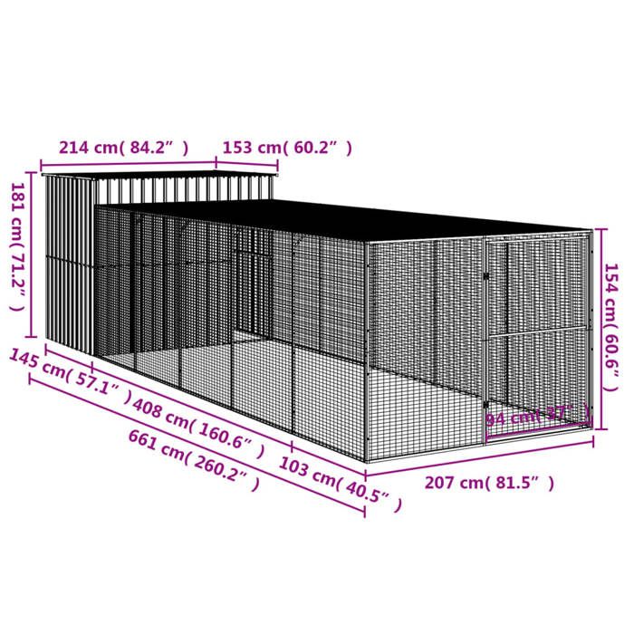 VidaXL Niche pour chien avec cour anthracite 214x661x181 cm, cage pour chien, abri pour chien, maison pour animaux, cages 3189133