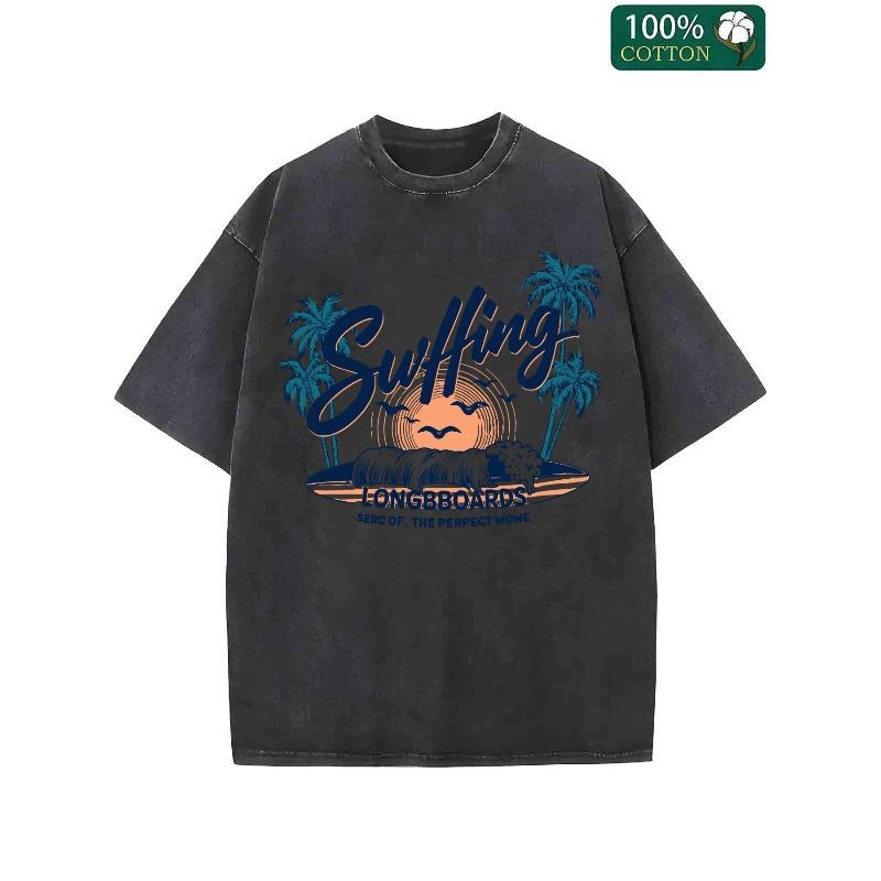 

Men s Vintage T-Shirt With Retro Beach Letter Print - Soft Washed Short Sleeve T-Shirt, Suitable For Casual Streetwear Crew Neck, Summer Daily Wear S чёрный