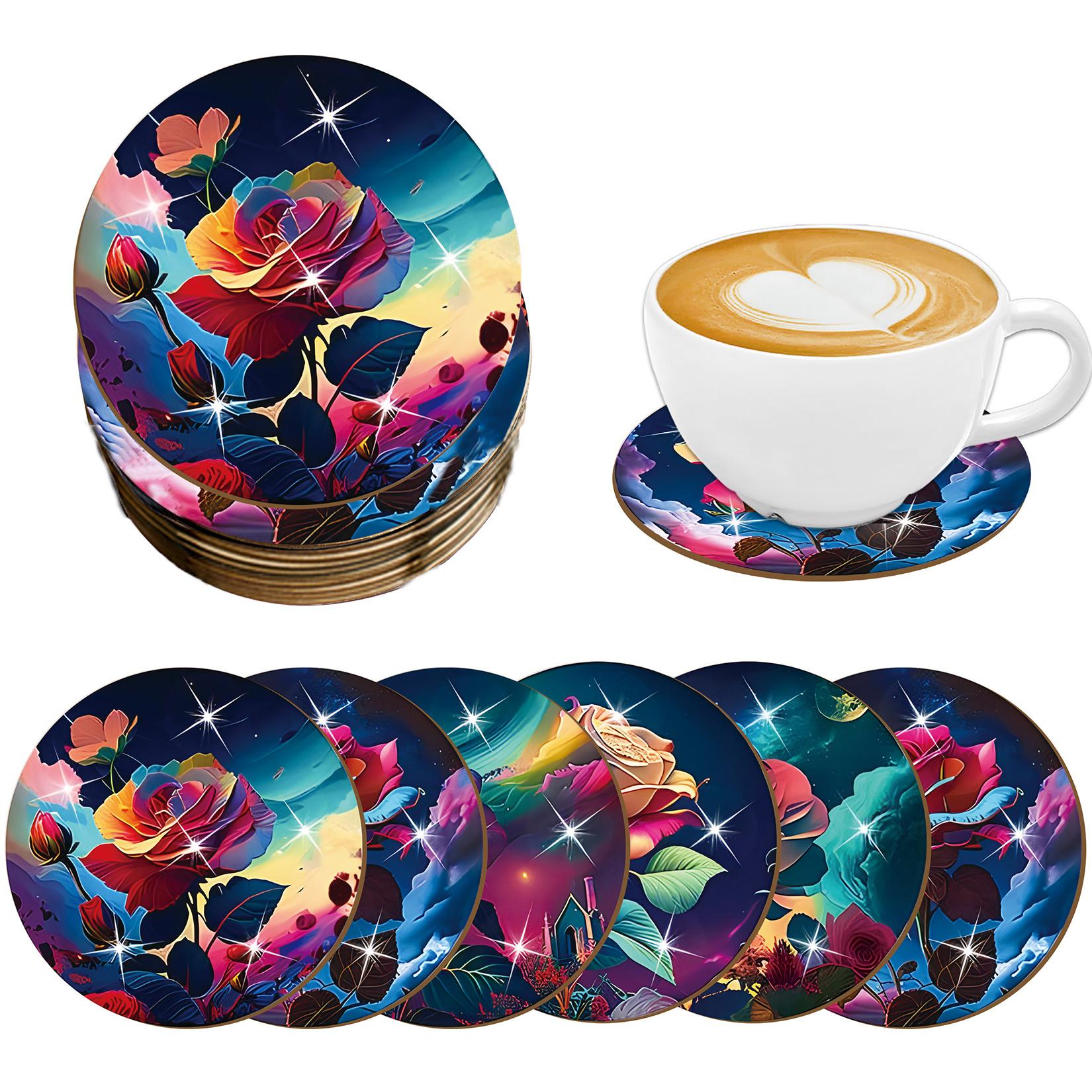 6-piece wooden coaster set with Tree of Life, mushroom and flower design - heat resistant, non-slip and heat resistant table mat