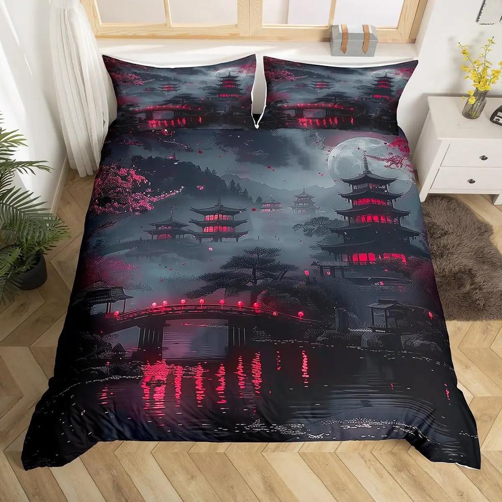 Japanese Landscape Duvet Cover Set for Teens Adults Queen Quilt Covers Lightweight Down 2 Pillowcases 1 Duvet Cover No Comforter