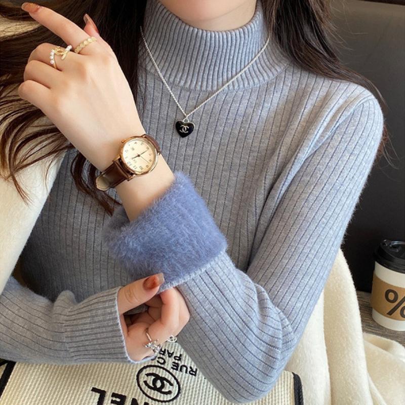 

Ladies Winter Fleece Lined Thermal Long Sleeve High Collar Slim Fit Basic Solid Color Pullover Knitted T Shirt Top for Layering one size