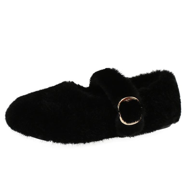 Sweet fluffy shoes for women outside, winter new velvet beanie shoes, shallow mouth trendy, flat bottom warm cotton shoes for women