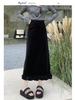 Women's Layered Velvet Midi Skirt with High Slit and Ruffle Lace - Thickened for Autumn and Winter