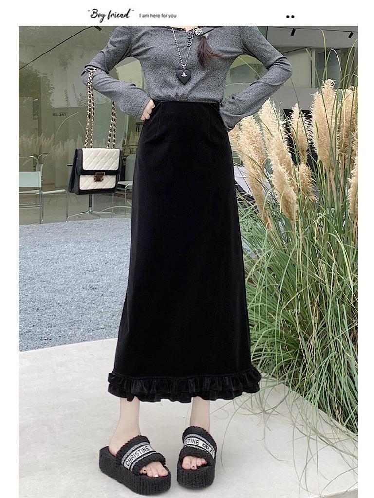 Women's Layered Velvet Midi Skirt with High Slit and Ruffle Lace - Thickened for Autumn and Winter