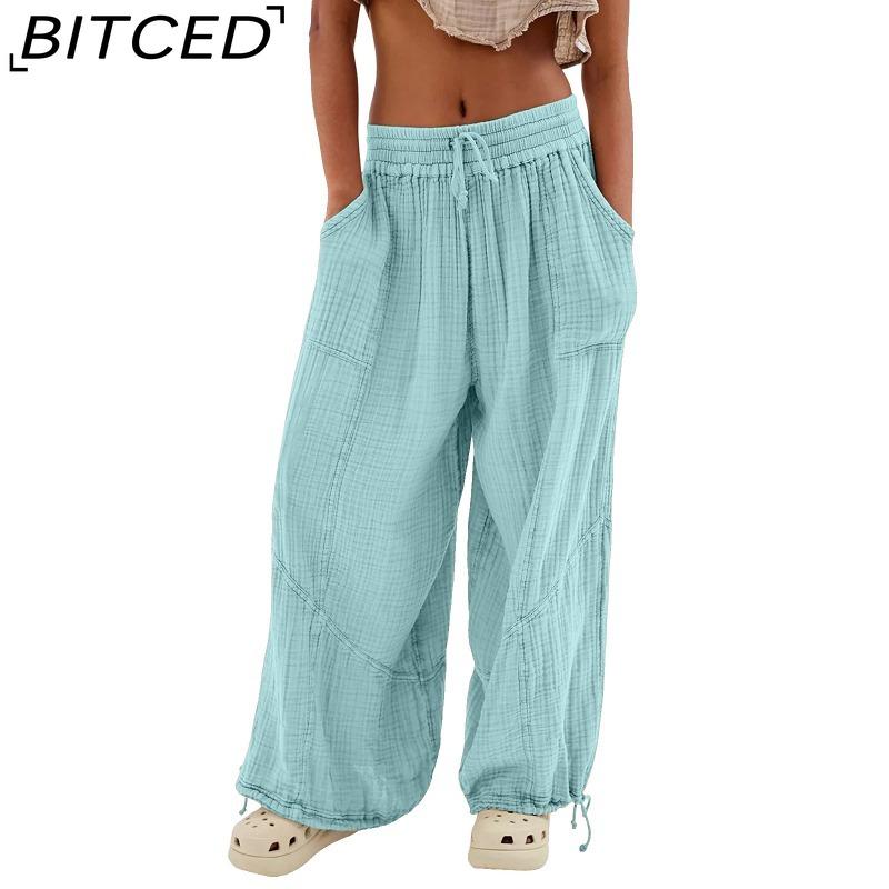 BITCED 8 Color Women High Elastic Waist Trousers Wide Leg Loose Pants Deep Vest Pleated Ankle Pockets Solid Color Soft Ladies Casual Pants
