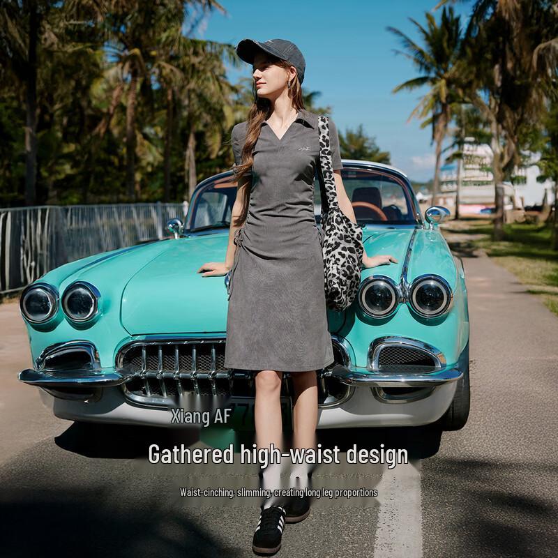 Xiangying Women's Polo Collar Ruched Waist Slim Dress