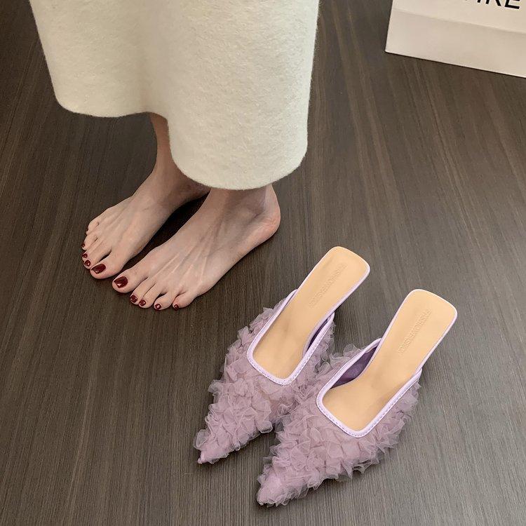 

[youshilai] Baotou slippers women s wear 2025 spring and summer French lazy half-drag pointed high-heeled slippers 34