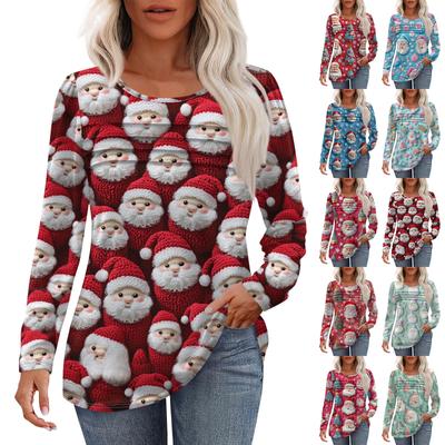 Women's Fashion Casual Christmas Printed Round Neck Pleated Long Sleeve T-Shirt Top