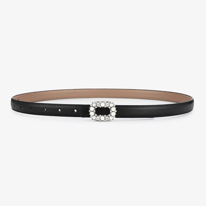 

Elegant Ladies Genuine Leather Belt With Silver Alloy Buckle And Pearl Embellishments For Dressy Outfits Black