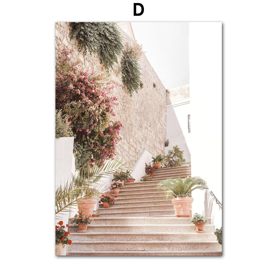 Retro Town Flower Street View Car Moto Bike Windowsill WallPosters Art Canvas Painting  And Prints Picture For Living Room Decor