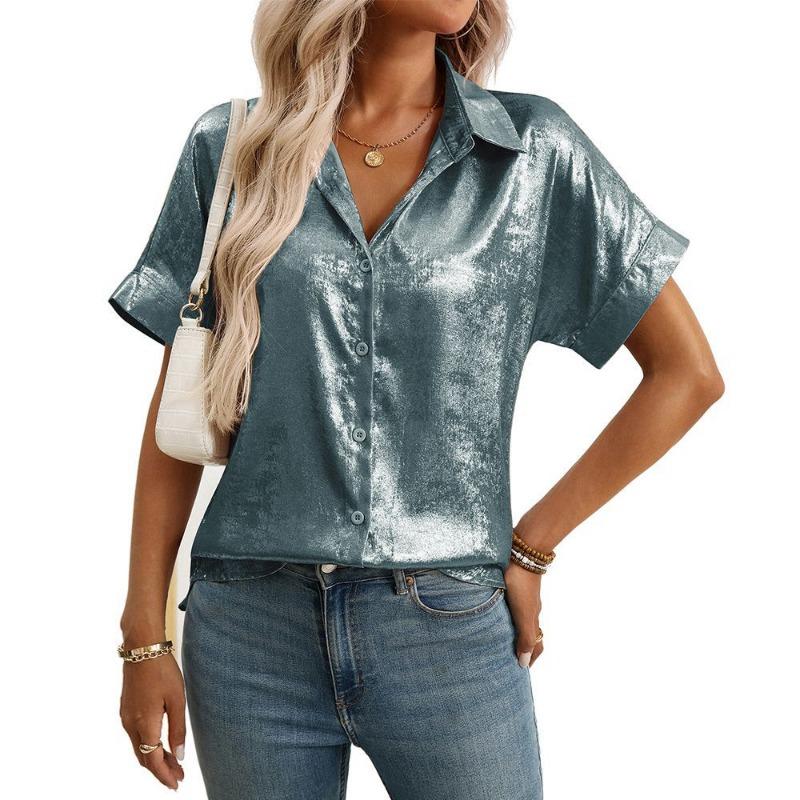 New Casual Loose Short Sleeve Blouse Summer Sweet Fashion Office Shirt Ladies Elegant Lapel Simple Sweet Tops L