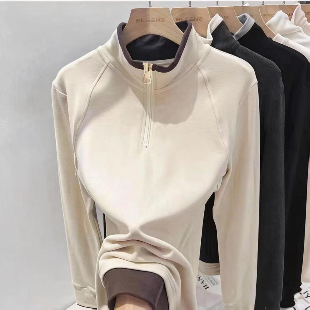 Women's 220g German Fleece Color Block Half-Zip Long Sleeve T-Shirt with Patchwork, Half-High Stand-Up Collar - Autumn/Winter Warm Base Layer