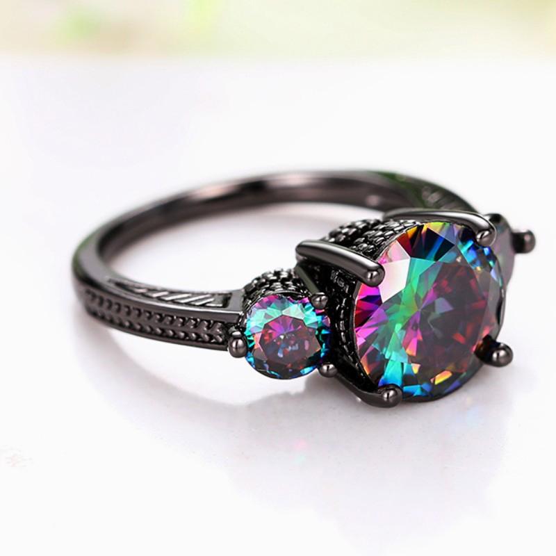 Huitan Women Unique Black Rings with Multi-colored Cubic Zirconia Wedding Band Accessories Vintage Rings Female Party Jewelry