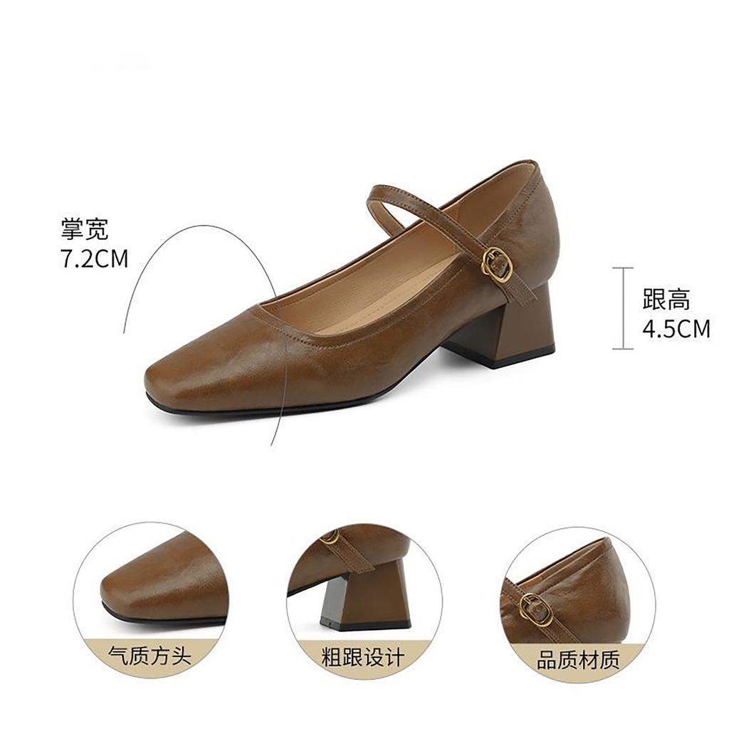 Mode Vår /Höst Damskor 2025 Nya Retro Fyrkantig Tå Mjukt Läder Höga Klackar Mary Jane Skor Mode Låg Utskärning Enkla Skor