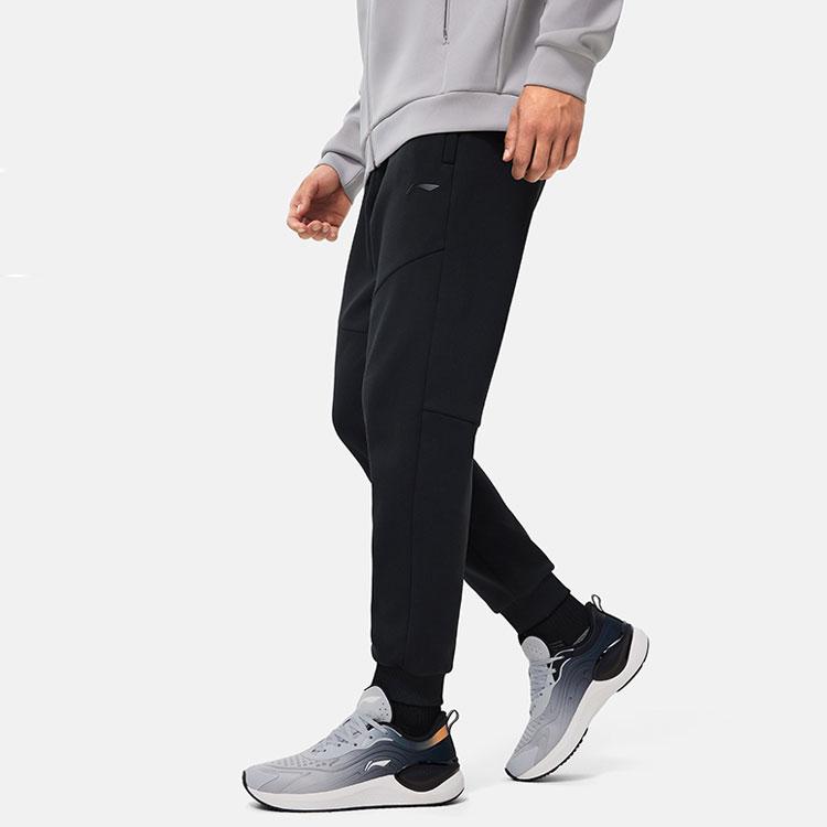 Li Ning Fitness Series Solid Color Fleece Thick Drawstring Cuffed Knitted Sports Pants Men Pants Black AKLT743-1