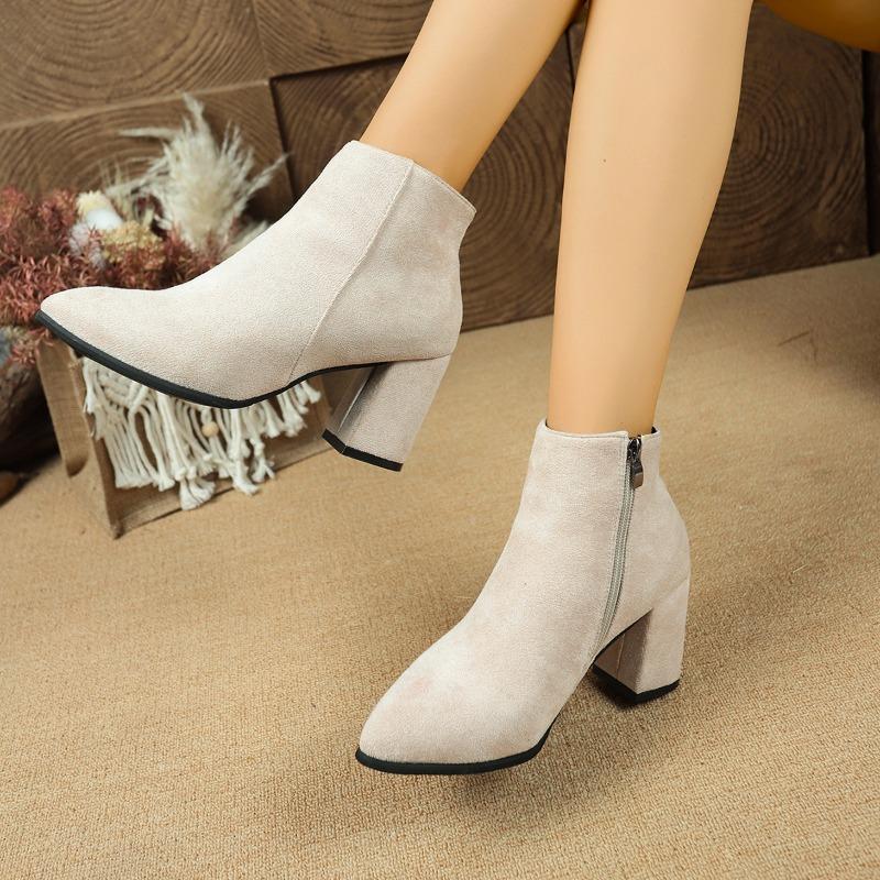 2025 Nieuwe Eenvoudige Enkellaarsjes Vierkante Hak Booties Zijritsen Puntige Suede Hoge Hakken Mode Dameslaarzen