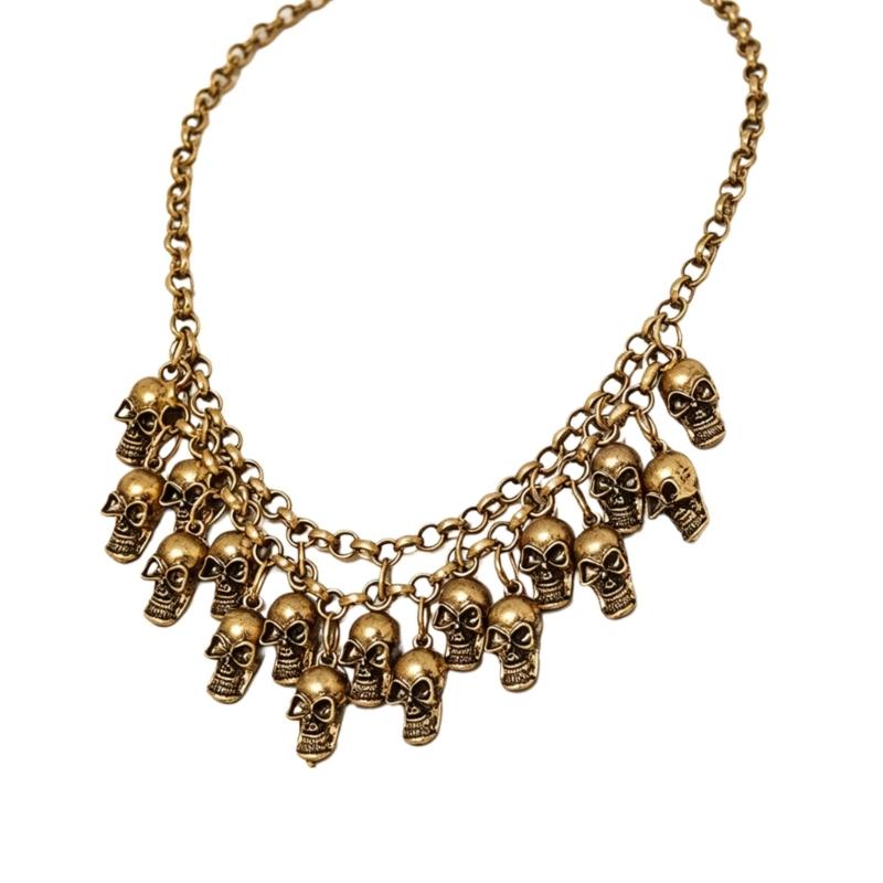 Punk Halloween Skull Necklace Statement Chain Jewelry with Front Drape and Alloy Finish for Concert and Party Outfits Daily
