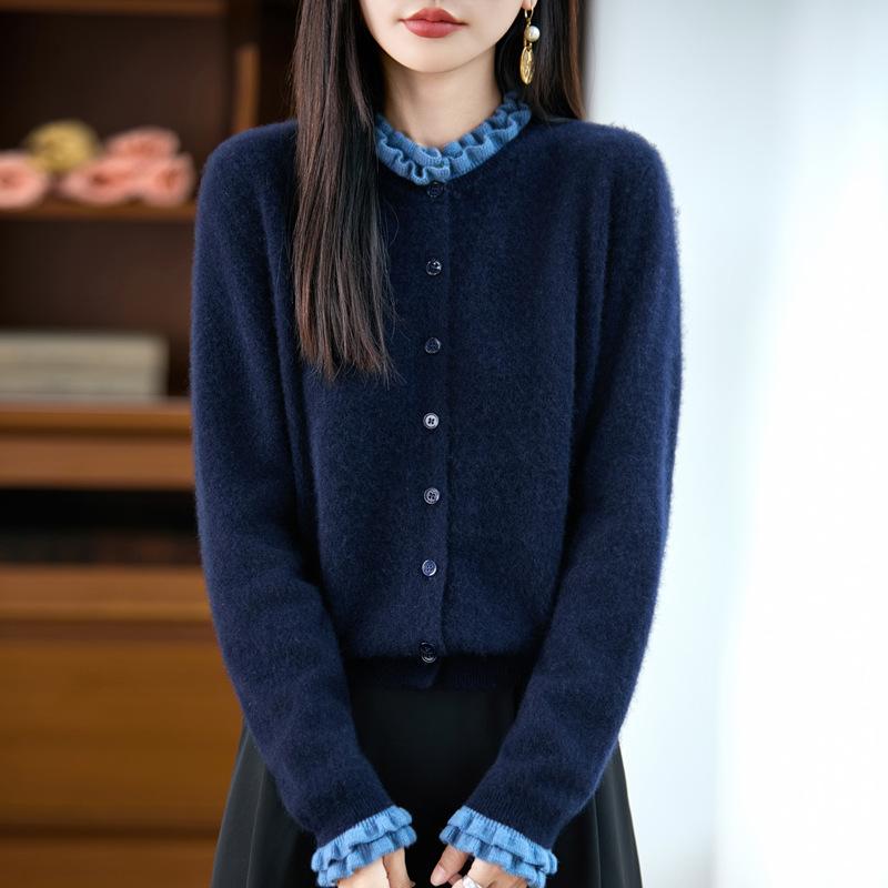 Women's 100% Pure Wool Ruffle Edge Cardigan - Autumn Loose Knit Cashmere Sweater
