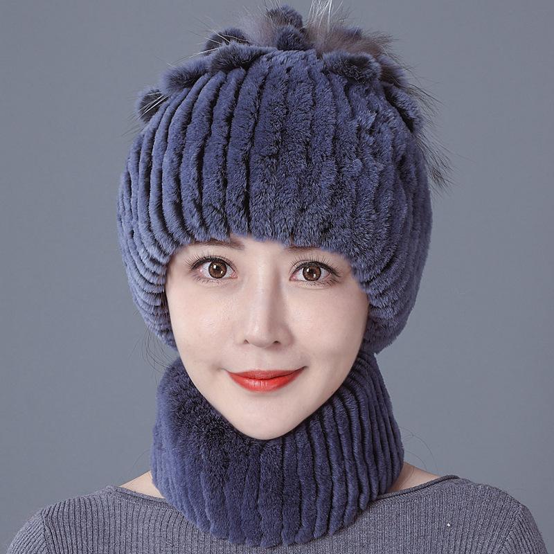 New Rex rabbit fur wool hat women's autumn and winter warm scarf fashion thickened ear protection flower suit tide