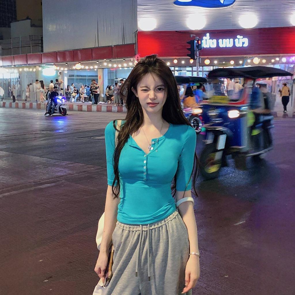 [Keren Cotton Modal] American Spice Girl Five-quarter Sleeve T-Shirt Women's Summer Wear Solid Color Single-breasted Top