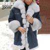 Winter Plush Jacket Women Denim Faux Fur Trim Long Sleeves Color Matching Pockets Cold-proof Mid Length Windproof Outdoor Warm Coat Casual Style
