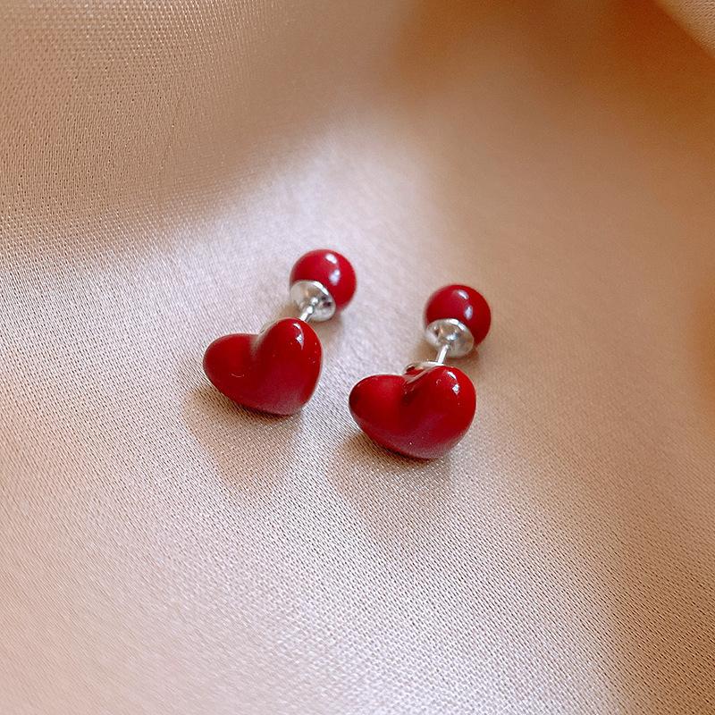 Ankola Red Spray Paint Love Ear Buckle Earrings Hong Kong Style Sweet Versatile Commuter Earrings Light Luxury High-end Earrings Women