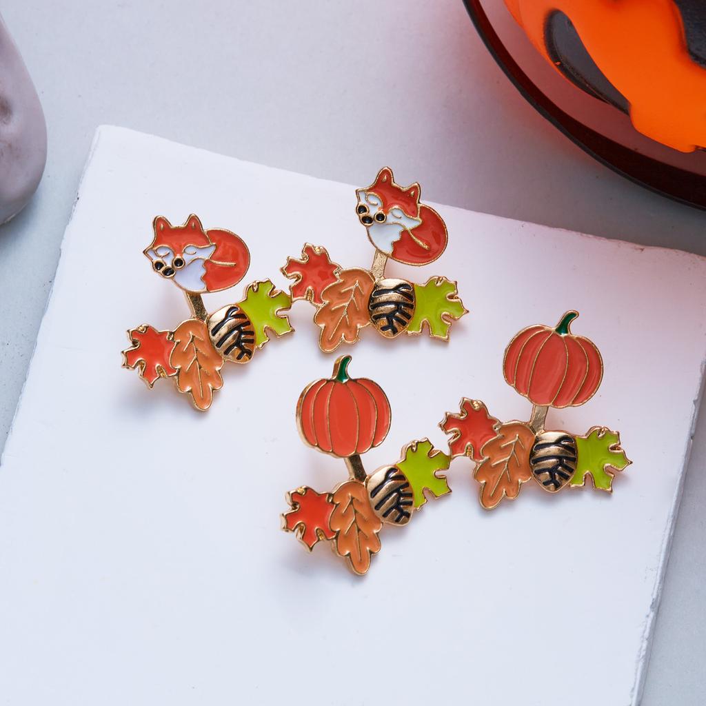 Cute 2 In 1 Red Fox Maple Leaf Enamel Stud Earrings For Women Autumn Fall Squirrel Acorn Cartoon Earring Thanksgiving Jewelry