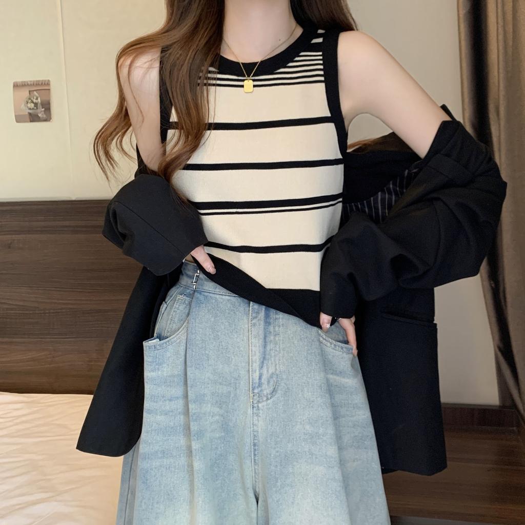 Color Blocking Women's Striped Knitted Camisole Vest Summer French Chic Sleeveless Top Base Layer