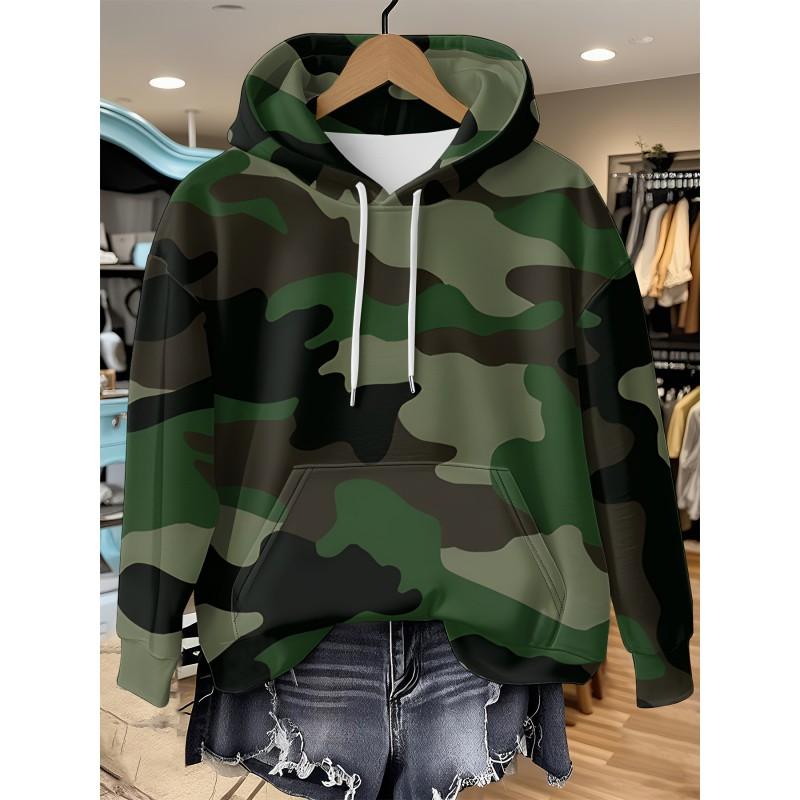 Womens Relaxed Fit Hooded Long Sleeve Sweatshirt With 3D Floral Plaid Print Breathable Comfort Casual Top