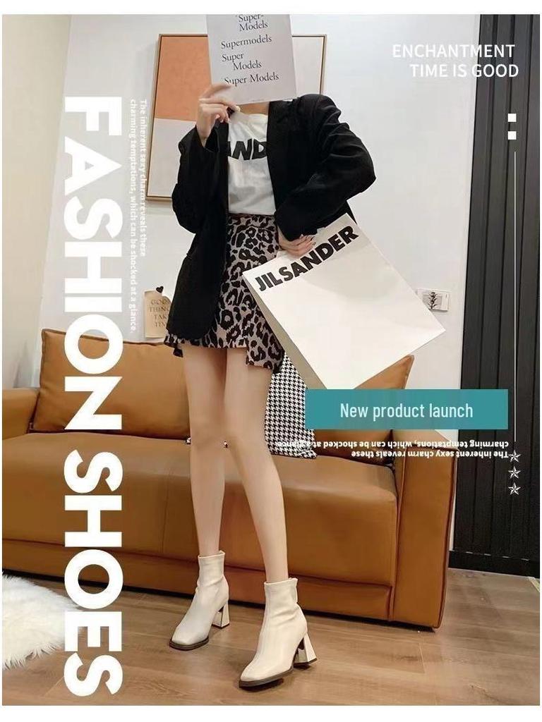 Women's French Skinny Martin Boots - 2025 Autumn/Winter, Chunky Heel, Square Toe, Short Tube, Korean Style, Fashionable, Versatile, Slimming.