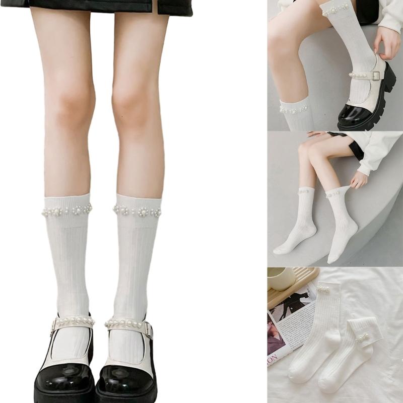Simple Pearl Knee High Socks Cotton Calf Socks Sweet Knee High Stockings Lolitas Princess Socks for Womens Girls Gifts