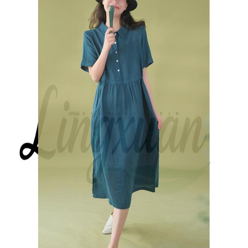 2026 Spring/Summer Retro Korean Style Cotton Linen Dress with Short Sleeves and Shirt Collar 2XL
